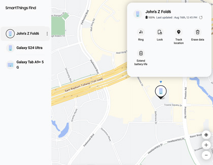 SmartThings Find website displaying the location of a Galaxy phone with various features such as Ring, Lock, Track location, Delete, and Extend battery life
