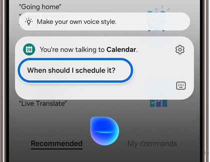 When should I schedule it highlighted in the Bixby voice pop up