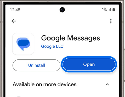 Open button highlighted in the Play Store for the Google Messages app