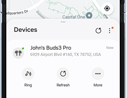 Galaxy Buds3 Pro displayed in the SmartThings Find app while displaying options such as Ring, Refresh, and More