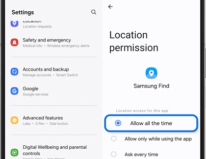 Allow all the time highlighted in Location permission in Settings for the Samsung Find app