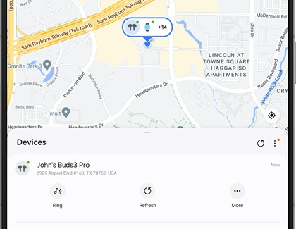Galaxy Buds3 Pro displayed in the list of devices in the Samsung Find app with options for Ring, Refresh, and More