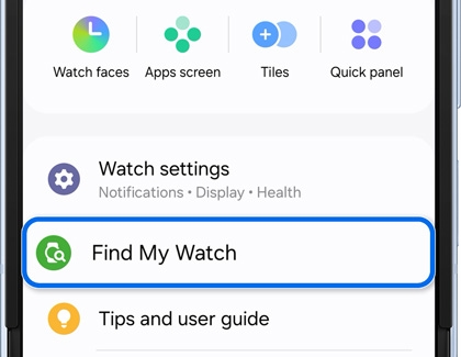 Find My Watch setting highlighted in the Samsung Find app