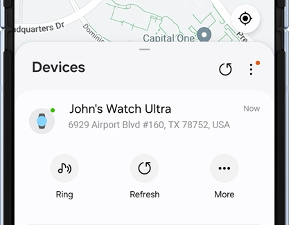 Samsung Find app displaying a Galaxy Watch Ultra with three icons named Ring, Refresh, and More.