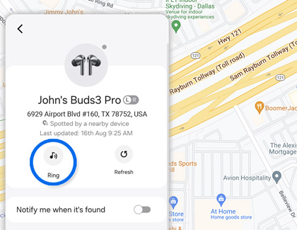 Ring icon highlighted in the Samsung Find website for Galaxy Buds3 Pro