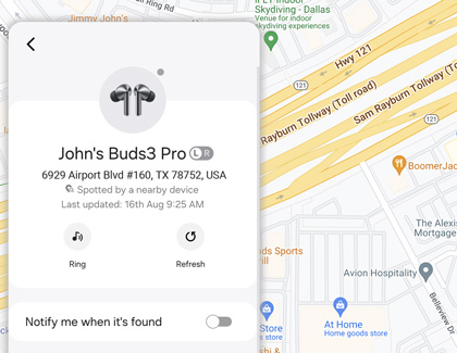 Galaxy Buds3 Pro displaying current location with options for Ring, Refresh, and a switch for Notify me when it's found