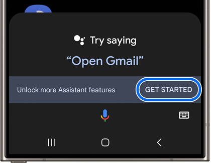 Google Assistant prompt suggesting to say 'Open Gmail' with a highlighted 'Get Started' button.