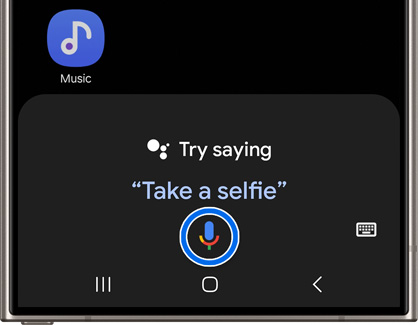 Google Assistant responding to the voice command 'Take a selfie' with a microphone icon.