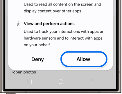 Permission dialog with options to allow or deny 'View and perform actions' access.
