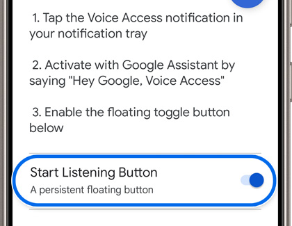 Voice Access setup instructions with a toggle to enable the 'Start Listening Button.'