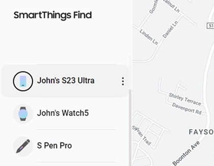 SmartThings Find interface showing a list of devices, including John's S23 Ultra, and a map view.