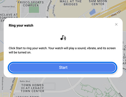 Start button highlighted in Ring your watch prompt