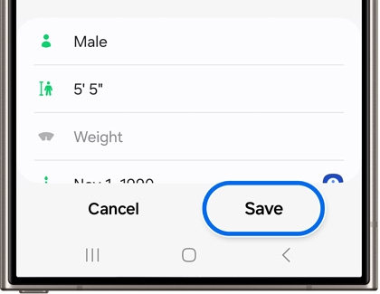 Save highlighted in personal information screen within Samsung Health