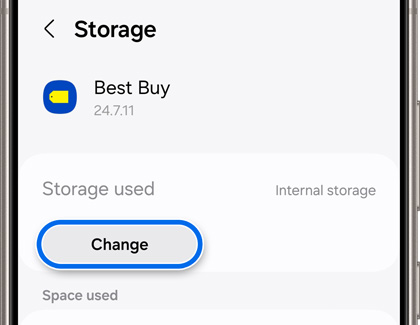 Change button highlighted in the Storage screen of an app