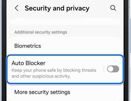 Auto Blocker highlighted and switch turned off in Security and privacy settings