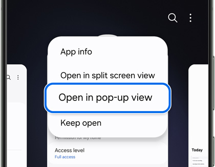 Open in pop-up view highlighted on a Galaxy phone