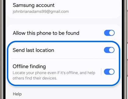 Send last location and Offline finding features highlighted and switches enabled