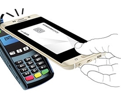 A Galaxy phone held over a payment terminal for contactless payment.