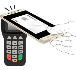 A Galaxy phone held over a payment terminal for contactless payment.