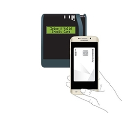 A Galaxy phone positioned near a card reader for MST payment.