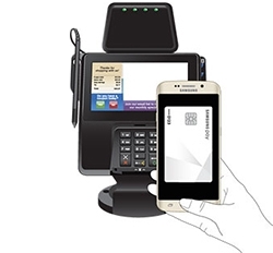 A Galaxy phone held in front of a tall card reader for MST payment.