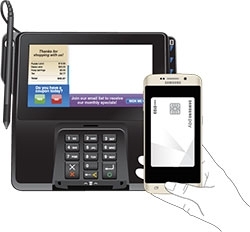 A Galaxy phone held in front of a payment terminal screen for MST payment.