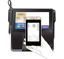 A Galaxy phone held in front of a large payment terminal screen for NFC payment.