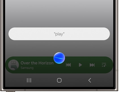 Galaxy phone displaying Bixby listening to 'play' command