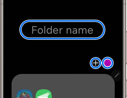 Folder name, plus sign, and color circle highlighted in the Apps screen