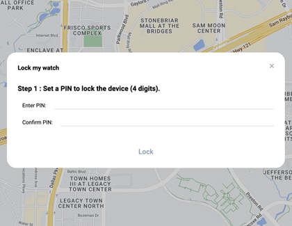 Lock my watch prompt displaying to enter a four digit PIN and confirm the PIN in order to lock the device