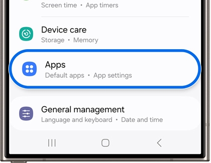 Apps highlighted in Settings on a Galaxy device