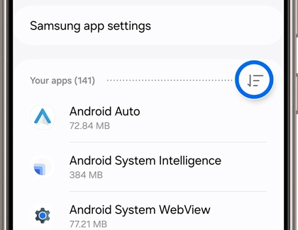 Filter icon highlighted in Apps settings on a Galaxy device