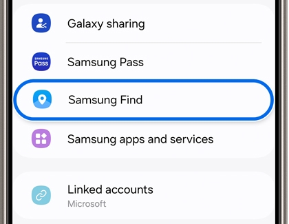 Samsung Find highlighted in Samsung account settings