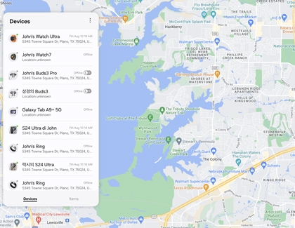 Samsung Find website displaying a list of devices on a map