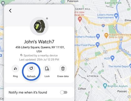 Refresh icon highlighted on a Galaxy watch on the Samsung Find website