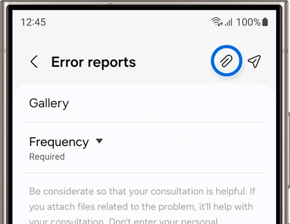 Paper clip icon highlighted in Error reports screen on a Galaxy phone