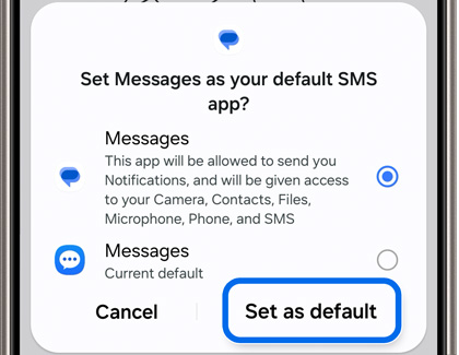 Set as default highlighted in Set Messages as your default SMS app prompt with Google Messages selected