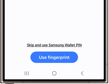 Text displaying 'Skip and use Samsung Wallet PIN', accompanied by a blue button labeled Use fingerprint