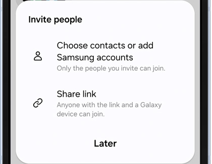 Invite people prompt with options for Choose contacts or add Samsung accounts and Share link