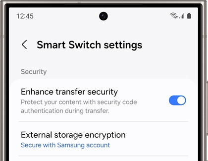 A list of Smart Switch settings on a Galaxy phone