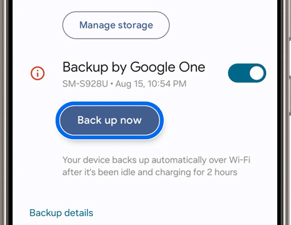 Back up now button highlighted in Backup by Google One settings