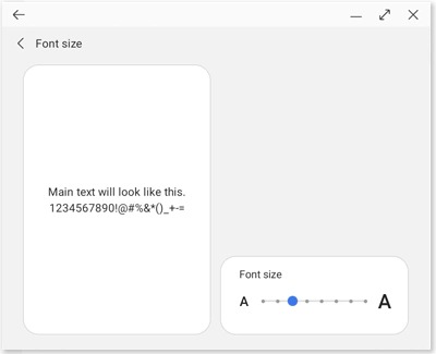 Font size settings in the Samsung Dex app