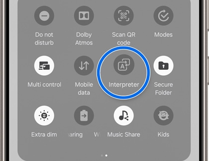 Interpreter icon highlighted in the Quick settings panel