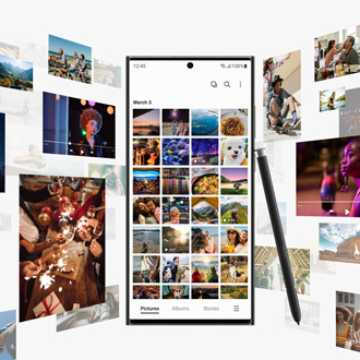 Gallery app displayed on a Galaxy S24 Ultra while being surrounded by various photos and videos