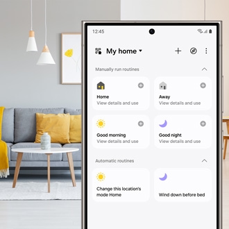 SmartThings app displayed on a Galaxy phone with a couch and coffee table in the background