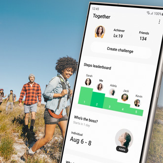 Galaxy S24 Ultra showing the Together screen in Samsung Health, with people hiking in the background