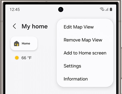 More options menu from 'My home' displaying 'Edit Map View', 'Remove Map View', 'Add to Home screen', 'Settings', and 'Information'