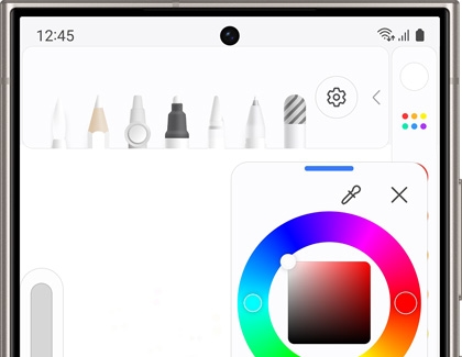 PENUP app showing brushes, pens, color wheel, and filters on a blank white canvas