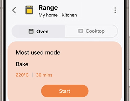 SmartThings app displaying a Samsung Range smart controls with the mode set to Oven and a orange Start button