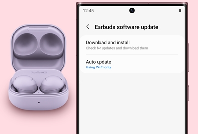 Galaxy Buds2 Pro next to a Galaxy phone displaying the Software update screen
